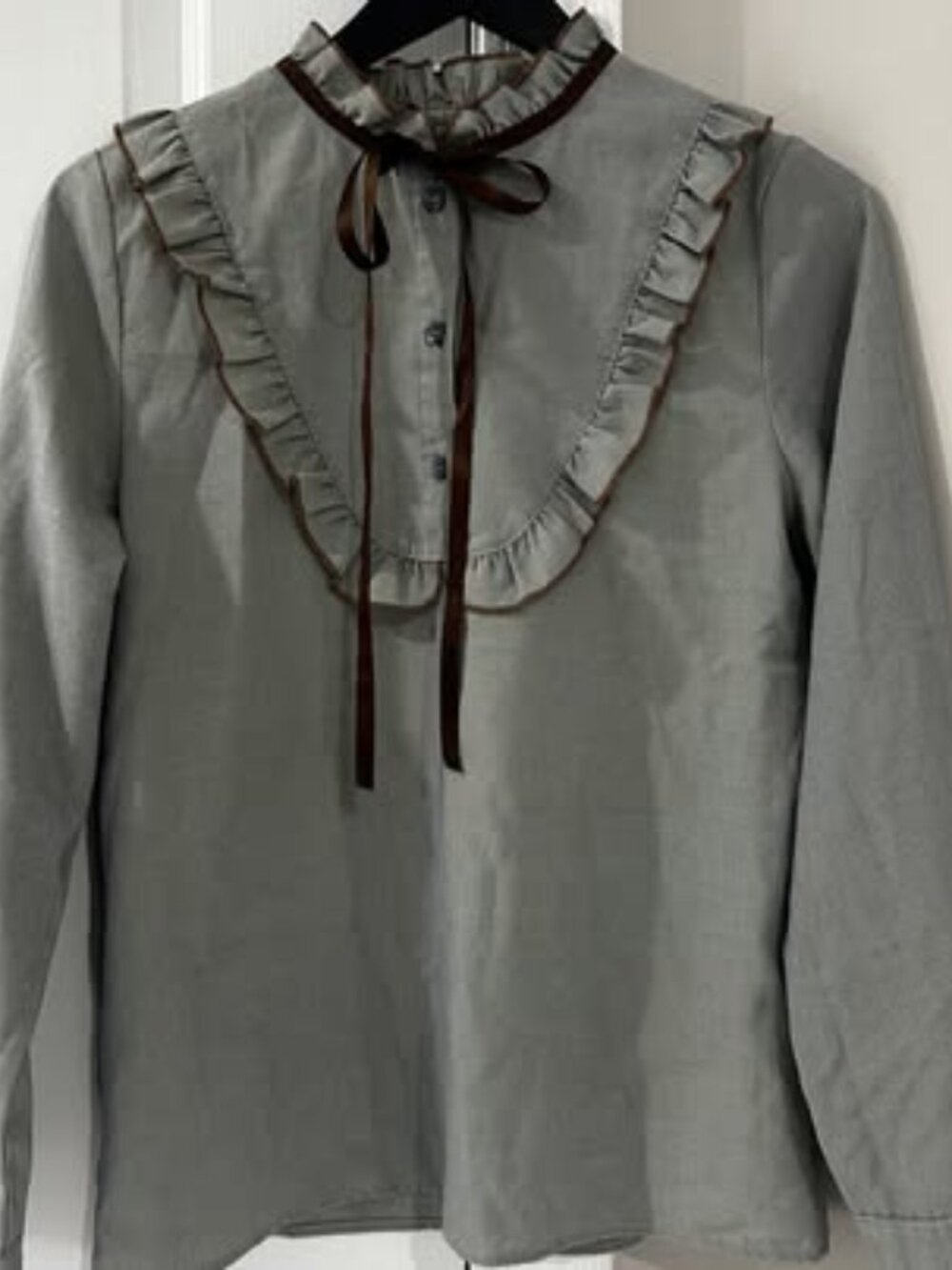 Striped Ruffle Blouse with Ribbon Tie - Size M